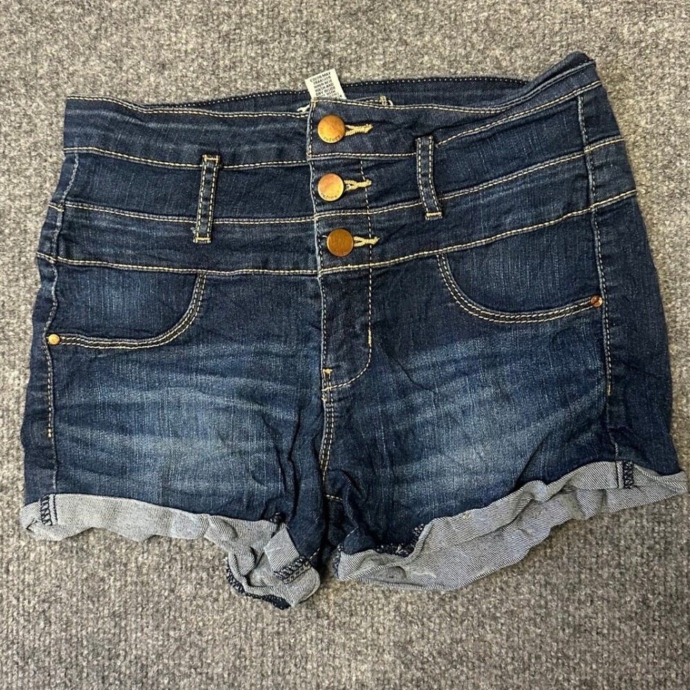 Refuge Denim Shorts Womens Size 4 Dark Wash High Waisted Triple Button Cuffed